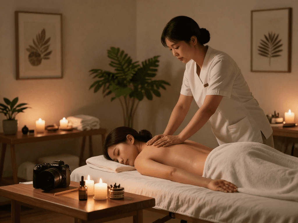 Relaxing 성남출장마사지 experience with a therapist providing a soothing back massage in a tranquil home spa.