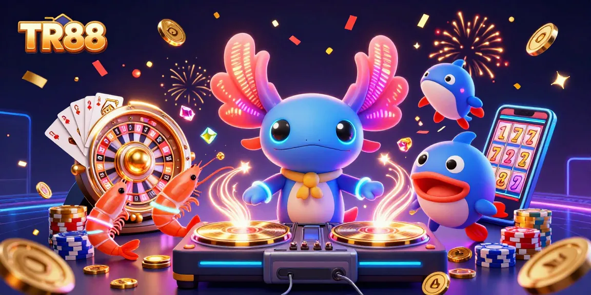 TR88 offers thrilling gaming experience with a neon axolotl DJ, vibrant casino elements, and sparkling gems.