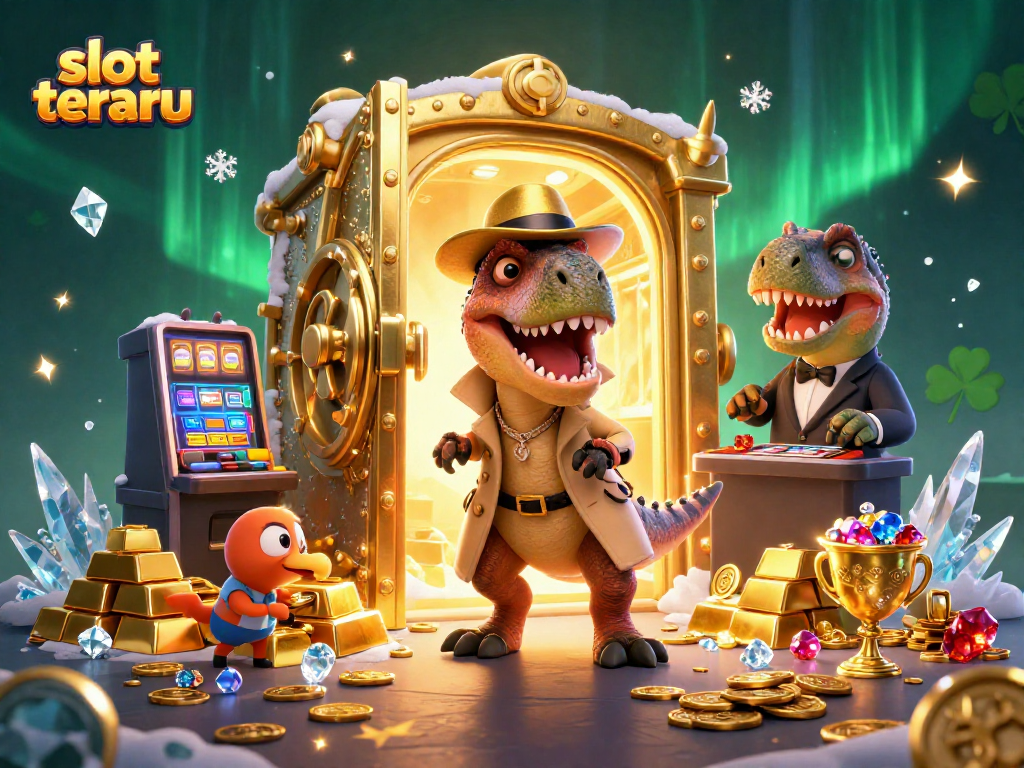 Experience exciting slot terbaru action with a velociraptor thief at a vibrant casino scene.