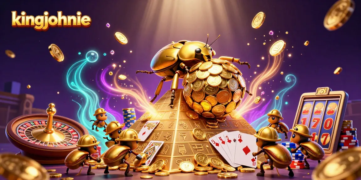 Join kingjohnnie's golden adventure with vibrant casino elements and animated beetles!