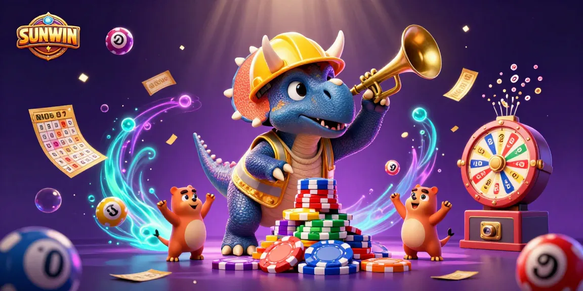 SUNWIN brings an exciting casino atmosphere with a 3D triceratops building poker chips amidst buzzing lottery balls and golden tickets.