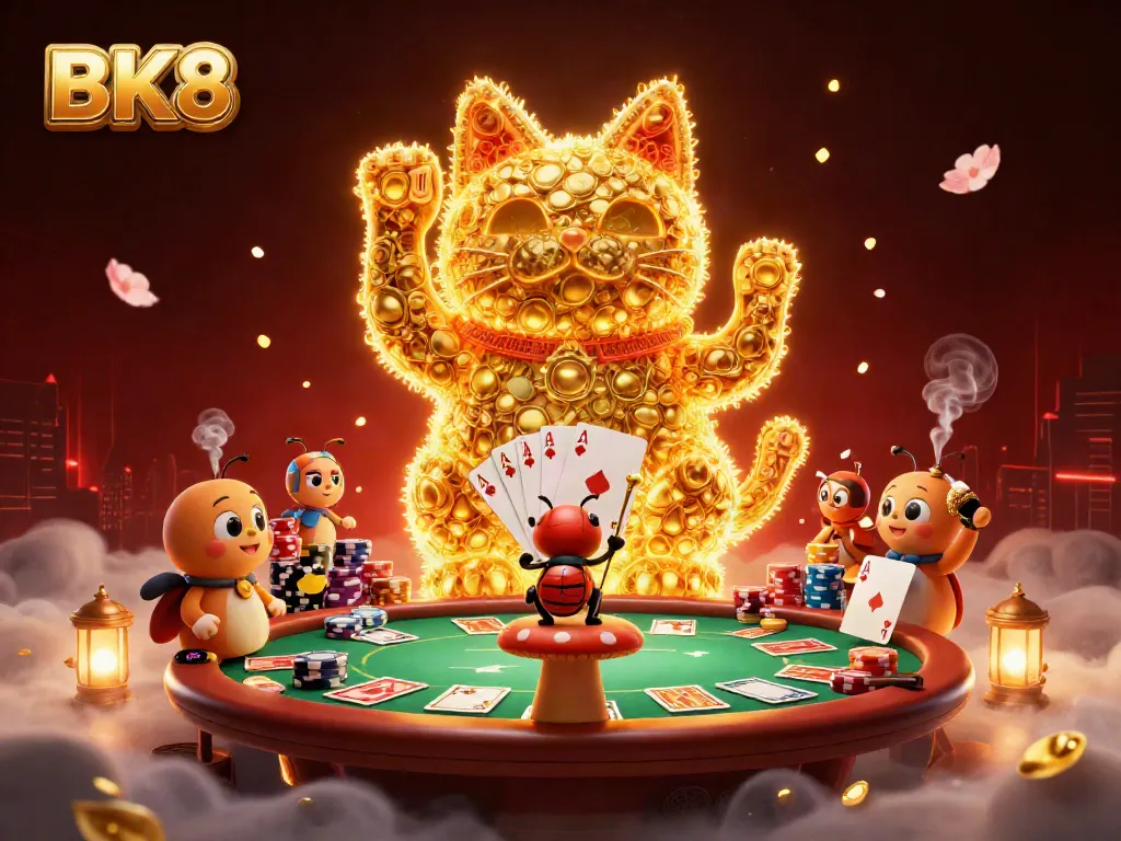 BK8 captivating 3D scene of a lucky cat formed by golden fireflies, showcasing poker elements and vibrant atmosphere.