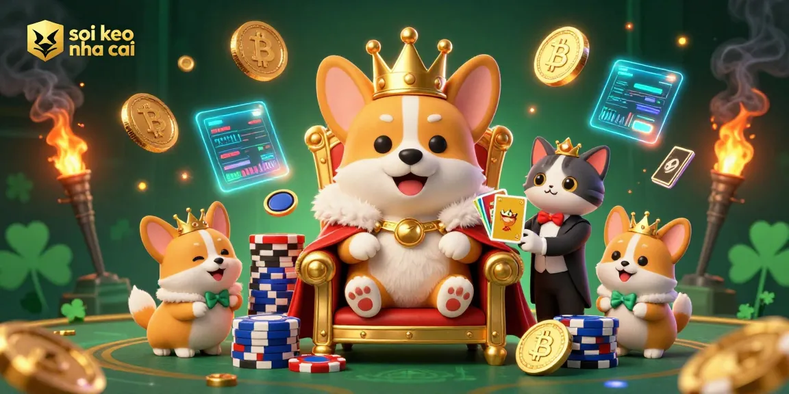 Engage with the thrilling soi keo nha cai scene featuring a crowned corgi on poker chips surrounded by crypto elements.