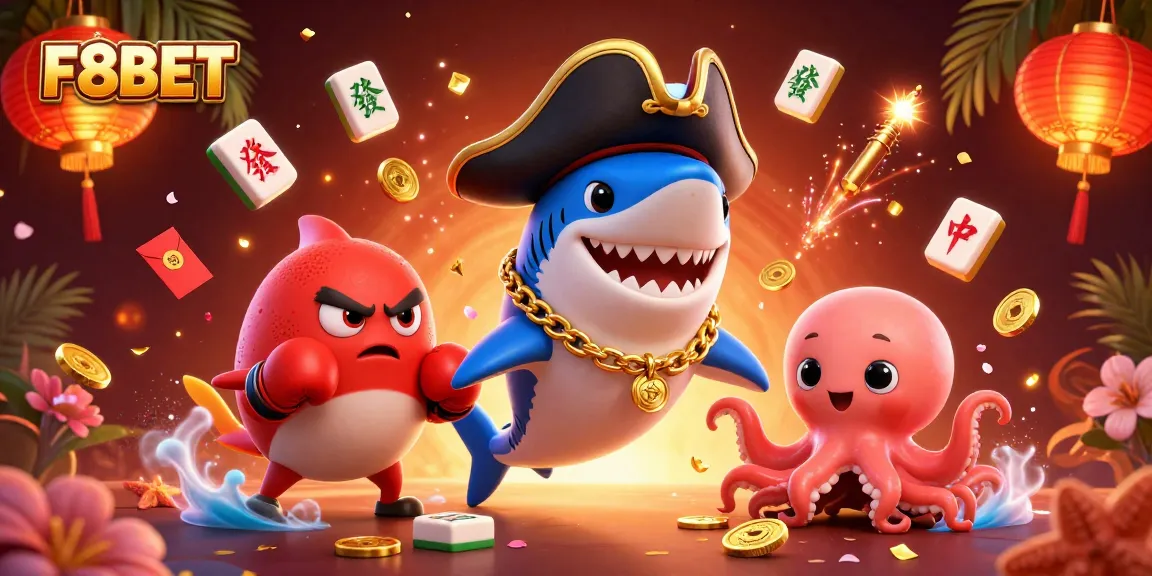 Engage in thrilling play at F8BET with a dynamic scene featuring a shark, pufferfish, and octopus celebrating winnings!