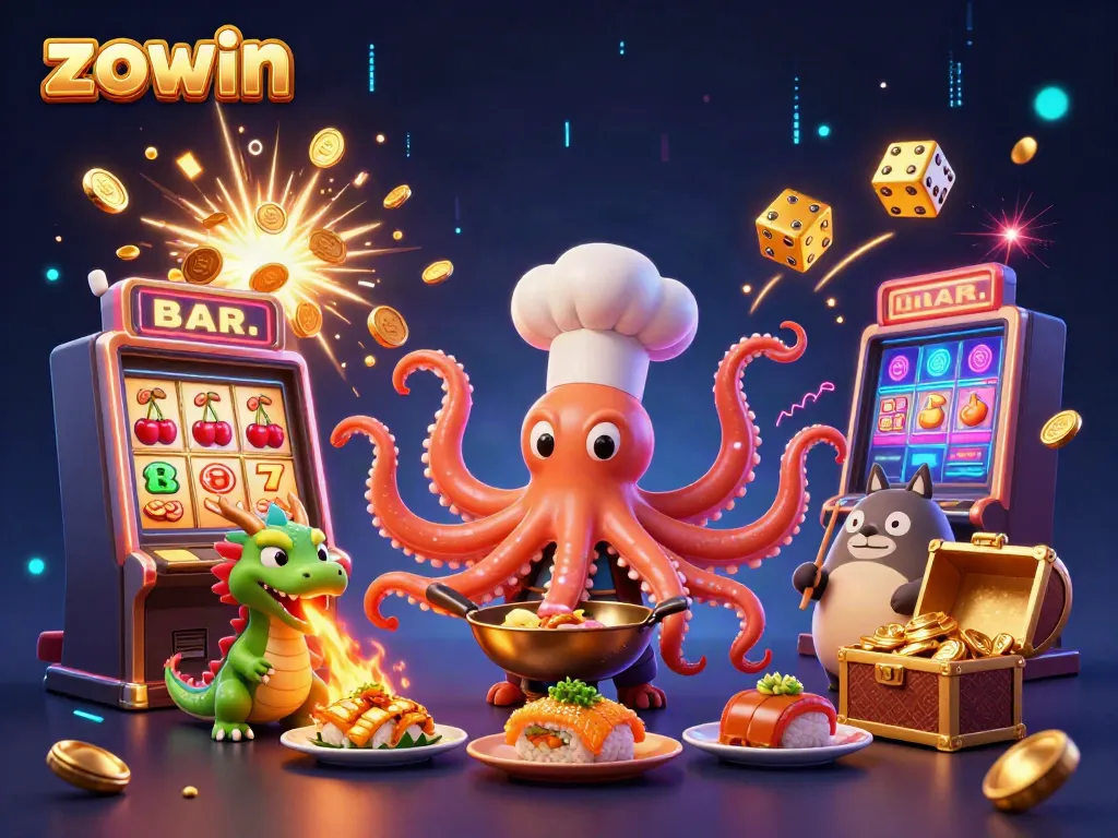 Zowin's vibrant 3D casino scene with an octopus chef, dragon, and tanuki surrounded by exploding slots and gold.