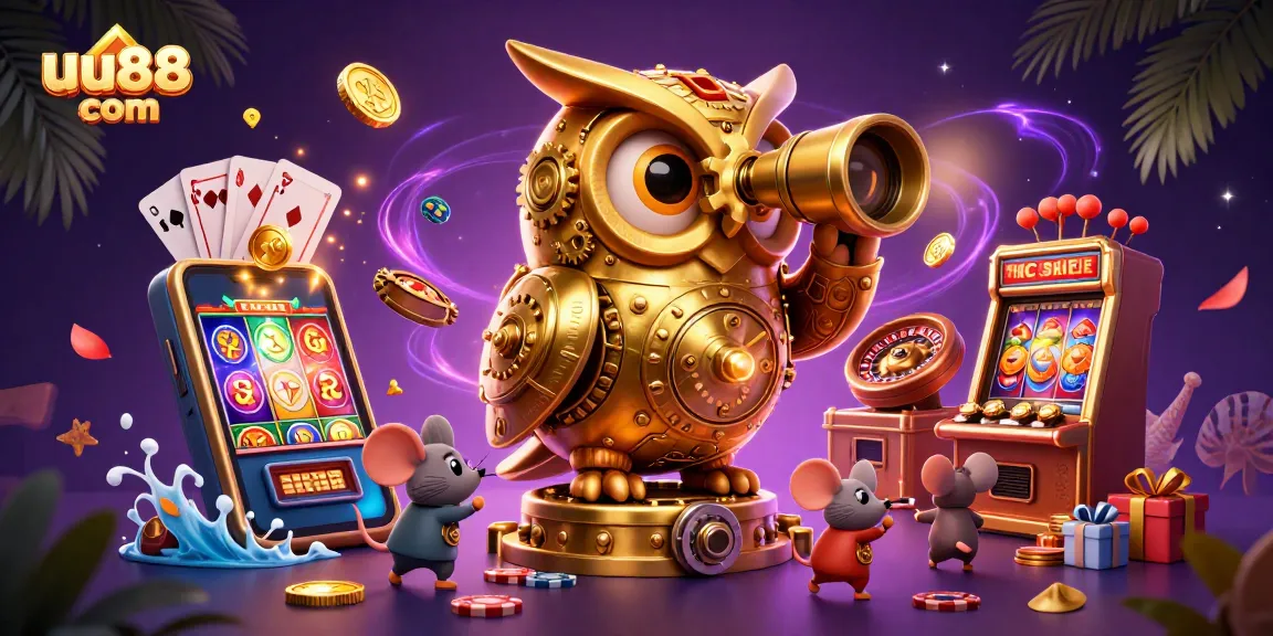 Engage with the vibrant uu88 com casino scene featuring animated owl and charming mice amidst gaming elements.