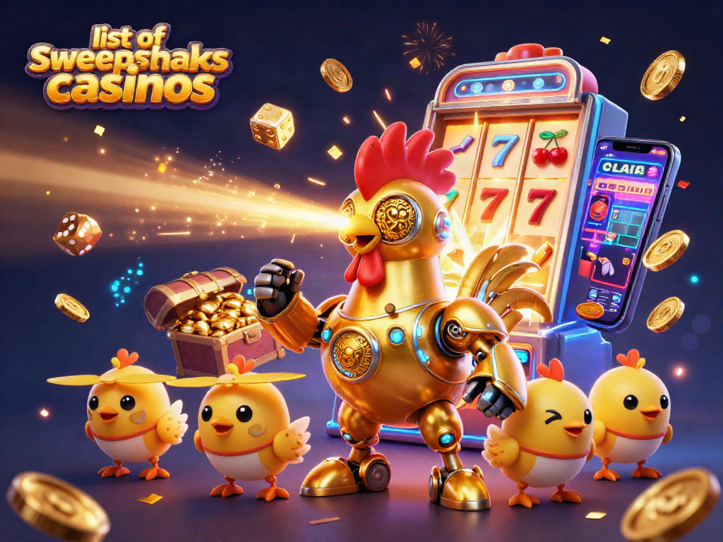 Engage with the list of sweepstakes casinos in a vibrant, dynamic 3D casino illustration featuring a golden rooster and baby chick drones.