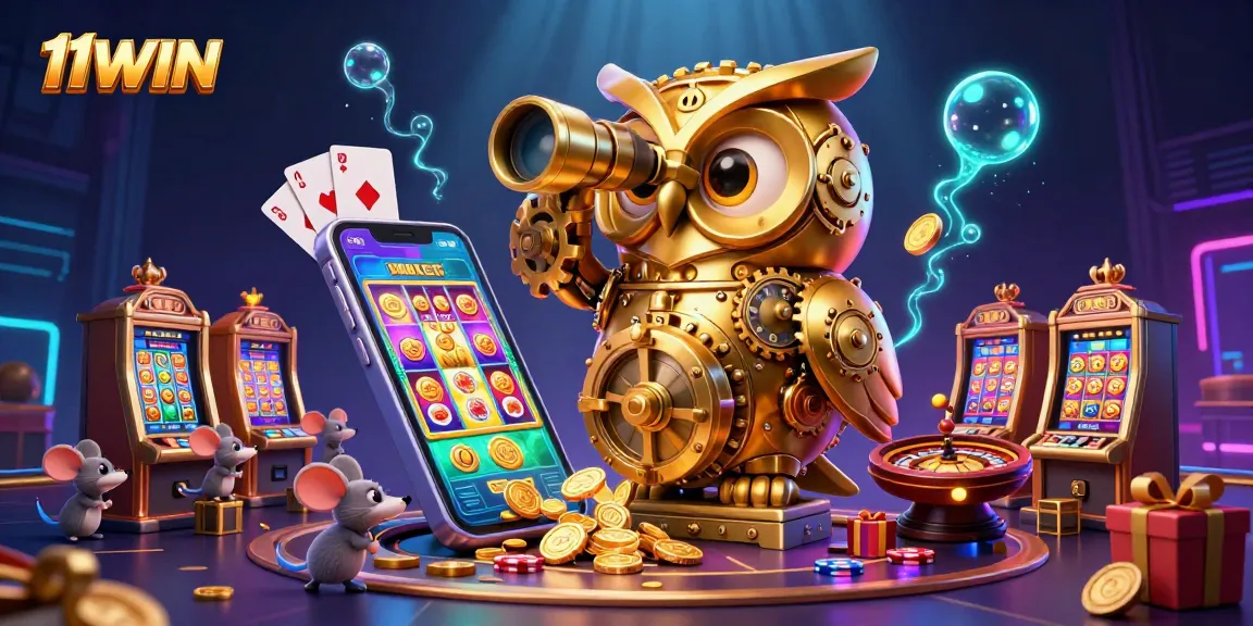 Experience the thrill of gambling with 11WIN in a vibrant 3D casino scene filled with slot games and excitement.