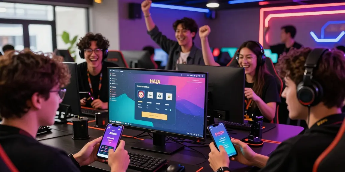 Raja Game login process displayed on smartphones in a vibrant gaming lounge.