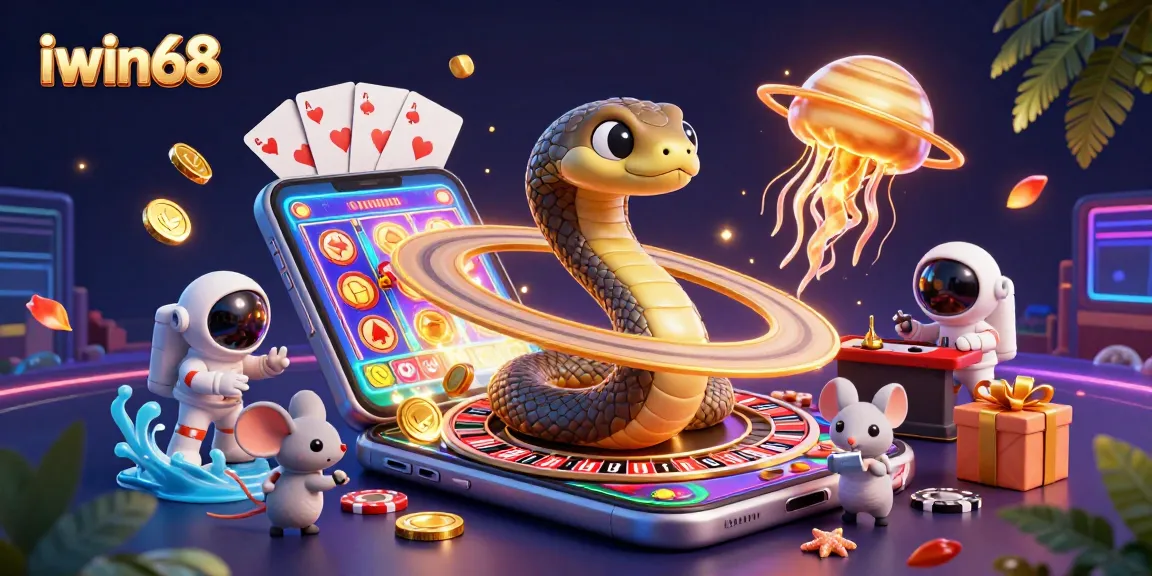 Bet on iwin68's colorful slot games with a dynamic 3D casino scene featuring engaging characters.
