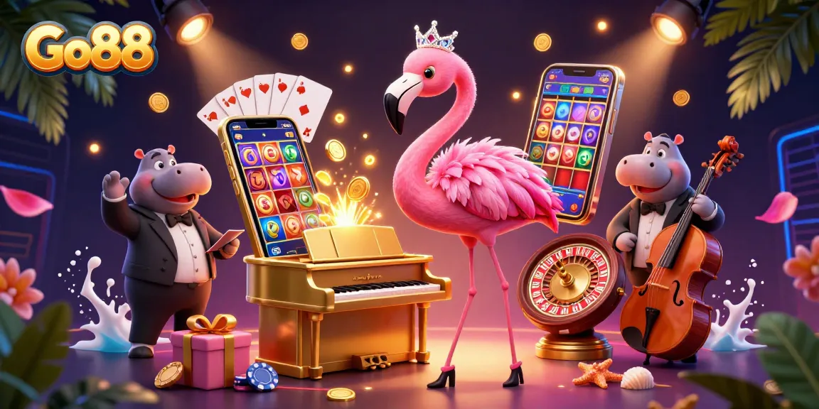 Experience thrilling gaming at Go88 with a vibrant 3D illustration of a flamingo singer and hippo bassist.
