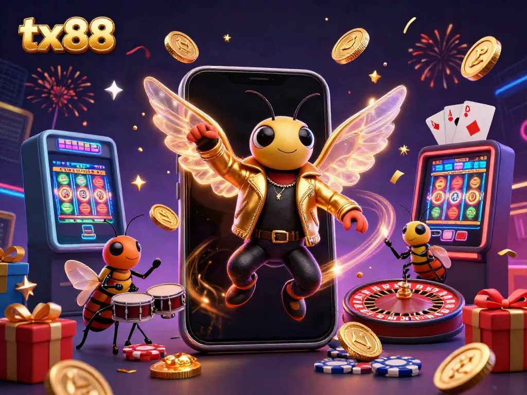 Experience the excitement of tx88 with a spirited rock star cicada and vibrant casino elements in a stunning 3D illustration.