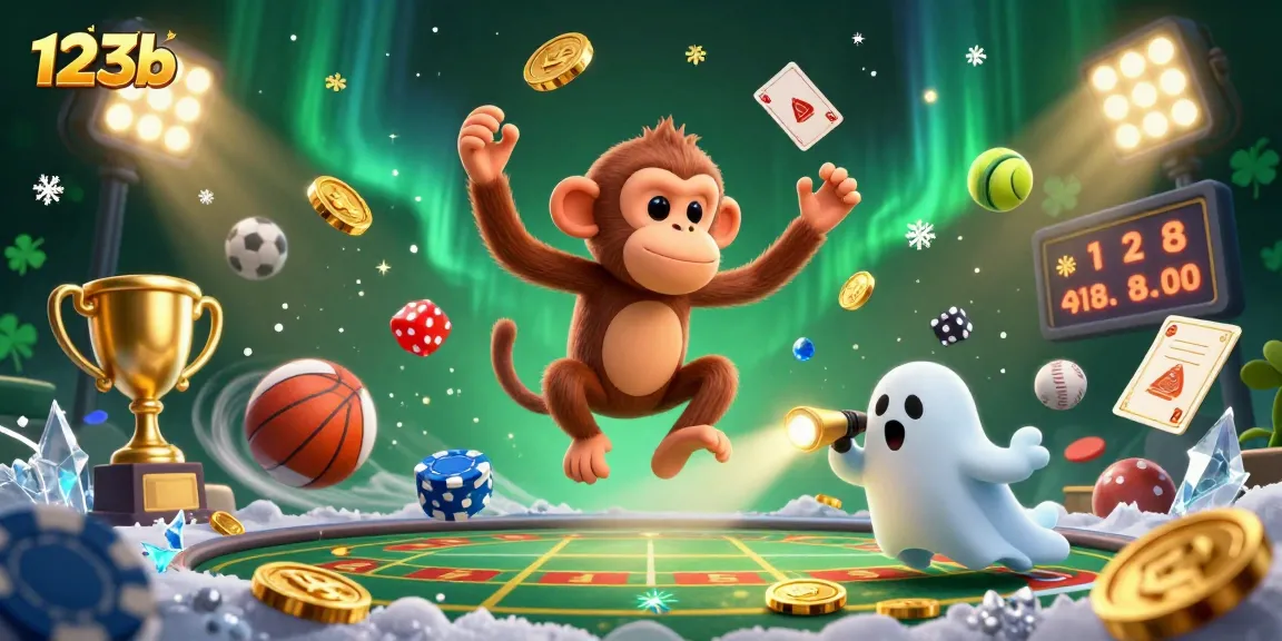 Experience thrilling game action in 123b casino with a playful monkey and a ghost-hunting puppy in a haunted setting.