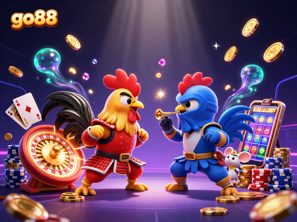 Engage with the exciting action of go 88 showcasing twin fighting roosters in a dynamic casino battle.