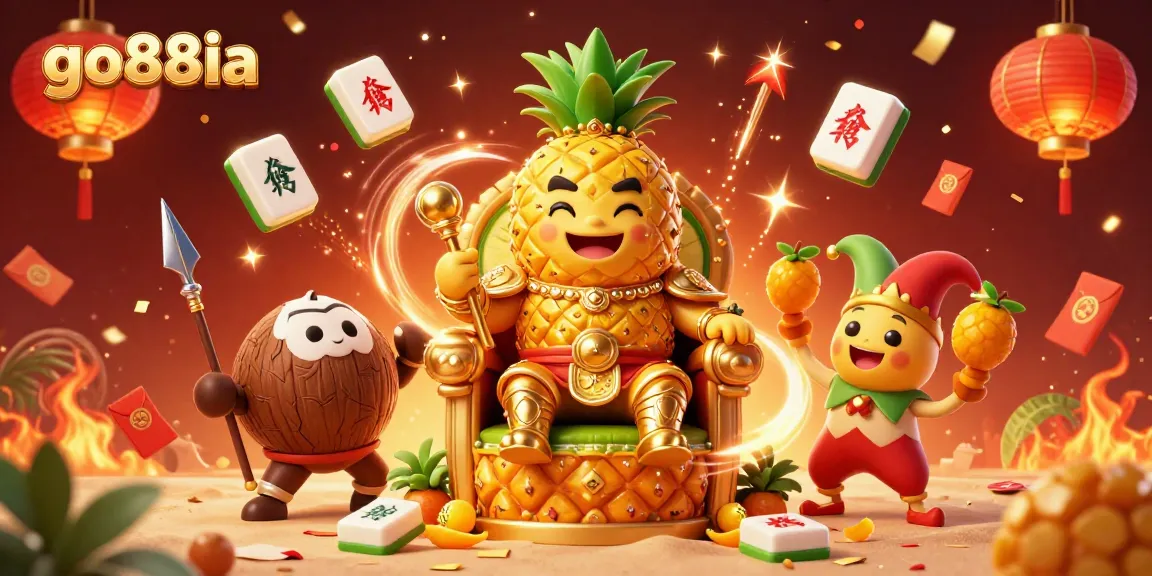Win big with go88ia's vibrant 3D casino scene featuring a pineapple king and gaming festivities.