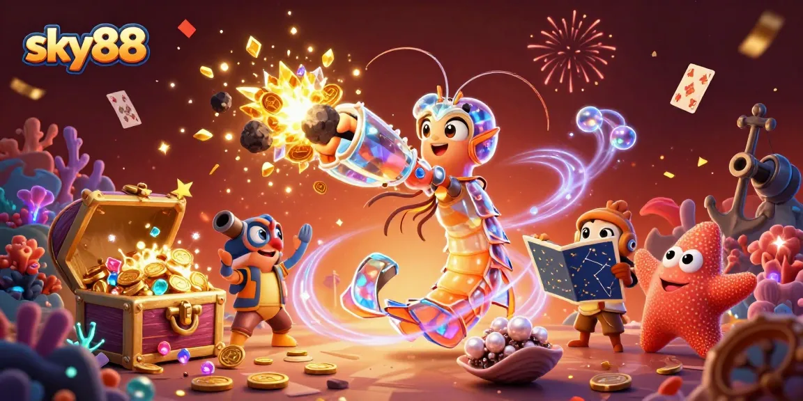 Engage with exciting gaming at Sky88, featuring vibrant illustrations of thrilling gambling adventures.