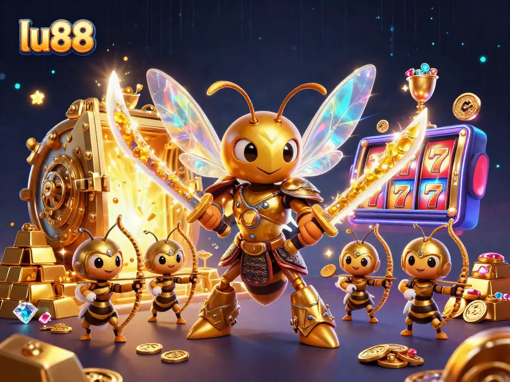 Experience the thrill of lu88 with a vibrant casino scene featuring a golden hornet and treasure.