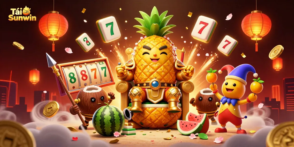 Tải Sunwin and experience exciting casino adventures with a vibrant golden pineapple king among dynamic gaming elements.