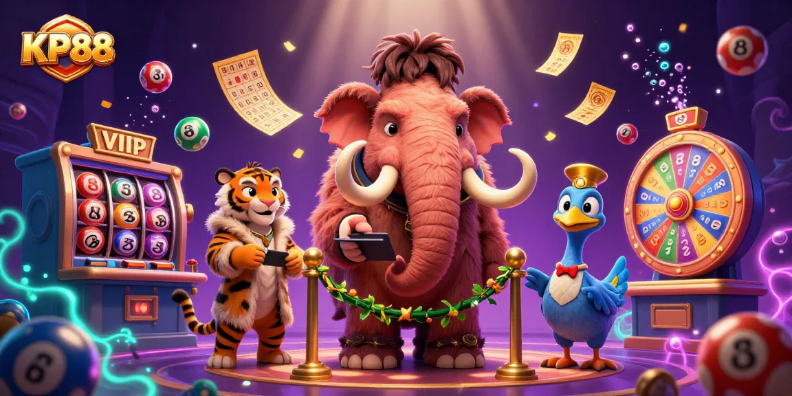 KP88 bouncer checks IDs as colorful lottery balls bounce in a vibrant casino scene.