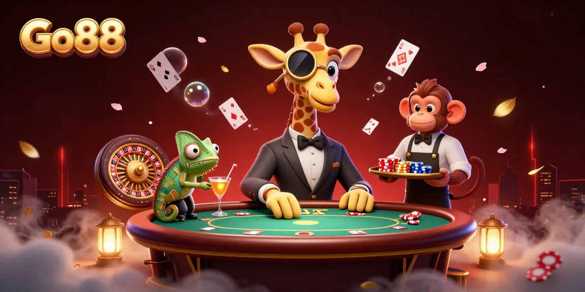Win big at Go88 with a vibrant scene of characters embracing thrilling casino games.