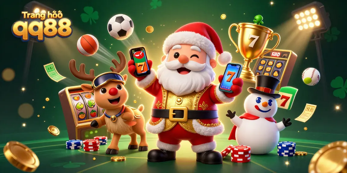 Join the fun at Trang chủ qq88 with vibrant casino-themed illustrations featuring Santa and friends.