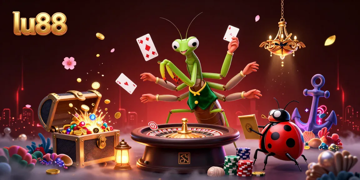 Experience thrilling gameplay at lu88 with a dynamic casino scene featuring a mantis dealer and ladybug pit boss.