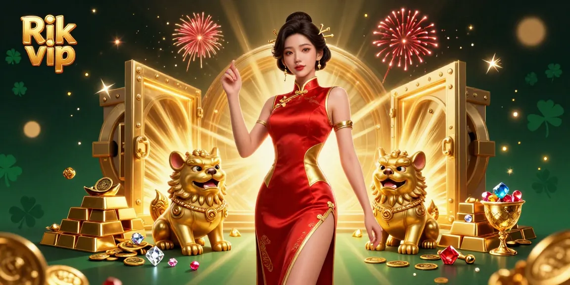 Experience the excitement of gambling with Rik vip in a vibrant 3D casino scene filled with treasures.