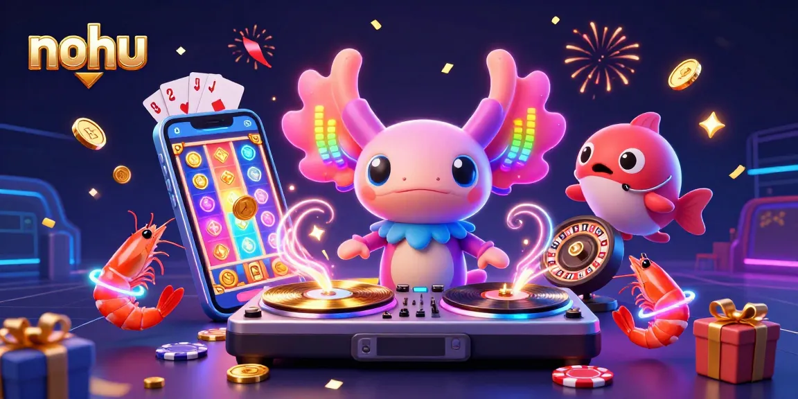 Engage in the fun at nohu's lively casino scene, featuring an axolotl DJ spinning vibrant slot games.