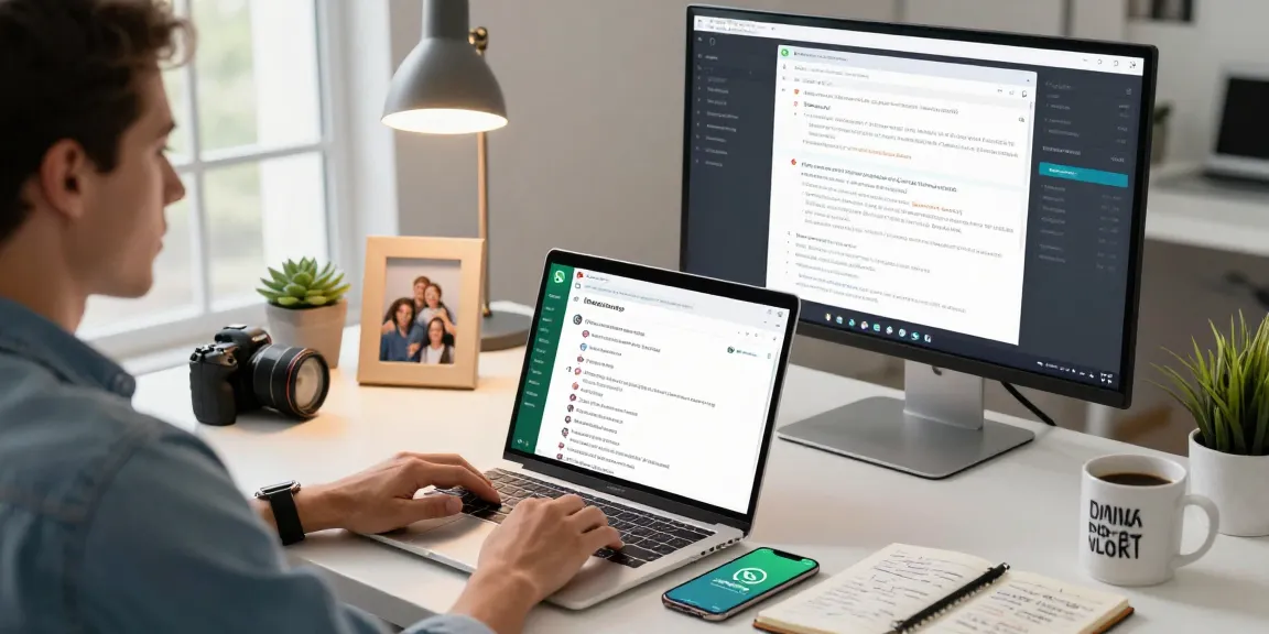 Engaged user on WhatsApp電腦版 with chat interface, laptop, and smartphone, in a modern workspace.