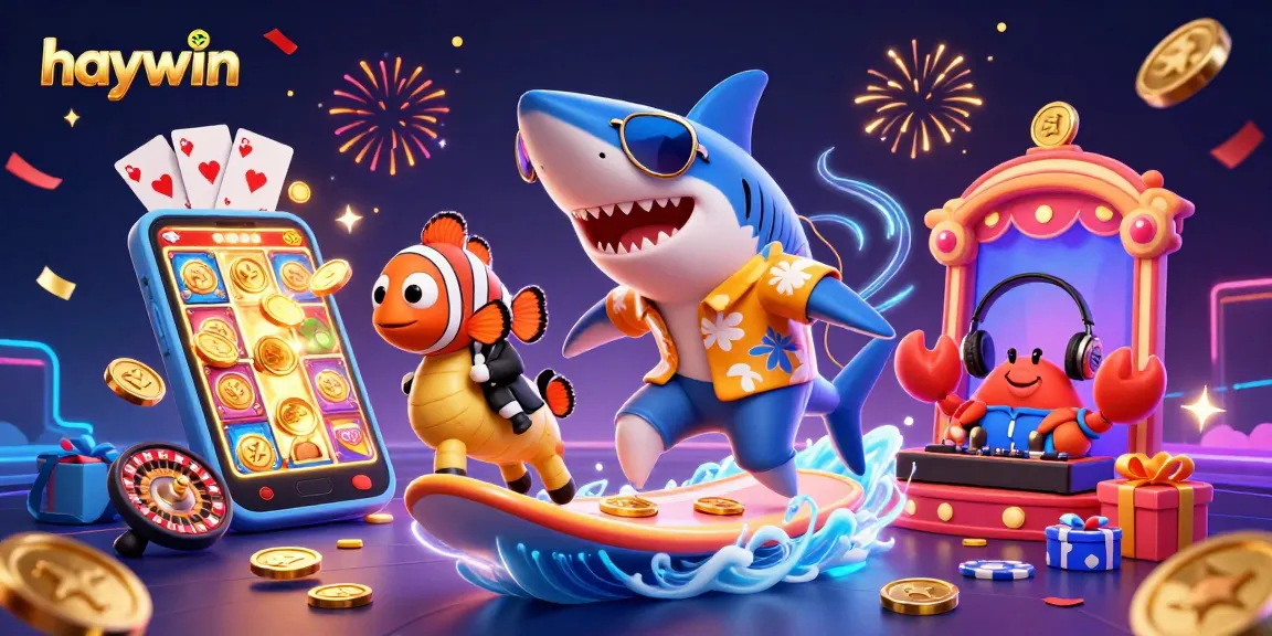 Experience gaming excitement with haywin in this vibrant 3D illustration featuring casino games and celebratory elements.