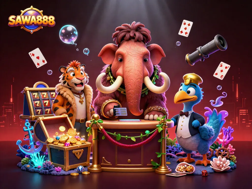 SAWA888 showcases a dynamic casino scene with vibrant characters and gaming elements.