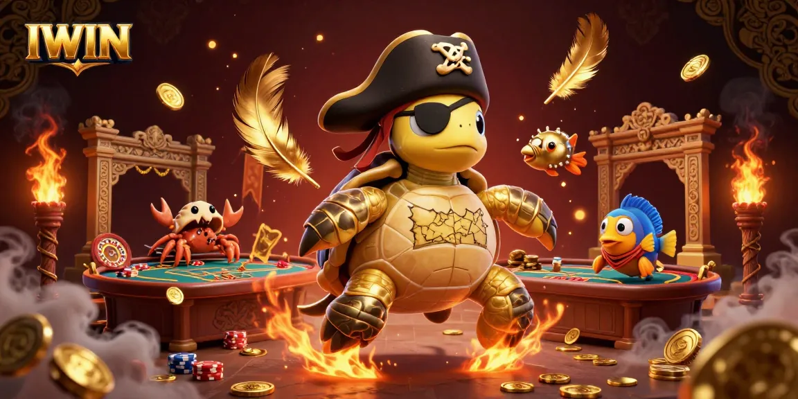 IWIN features a vibrant casino scene with a pirate turtle and treasure, showcasing thrilling gaming elements.