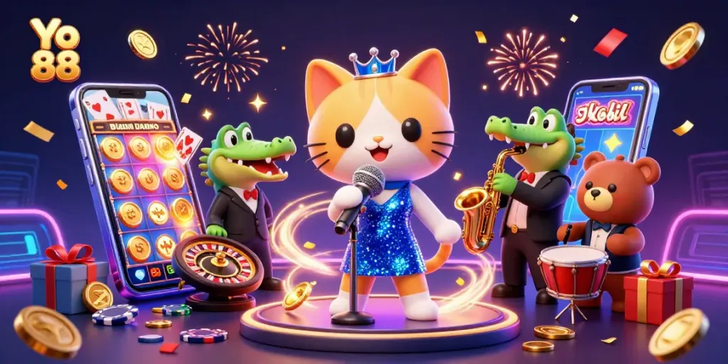 Experience the thrill of Yo 88 with a vibrant casino scene featuring engaging characters and casino elements.