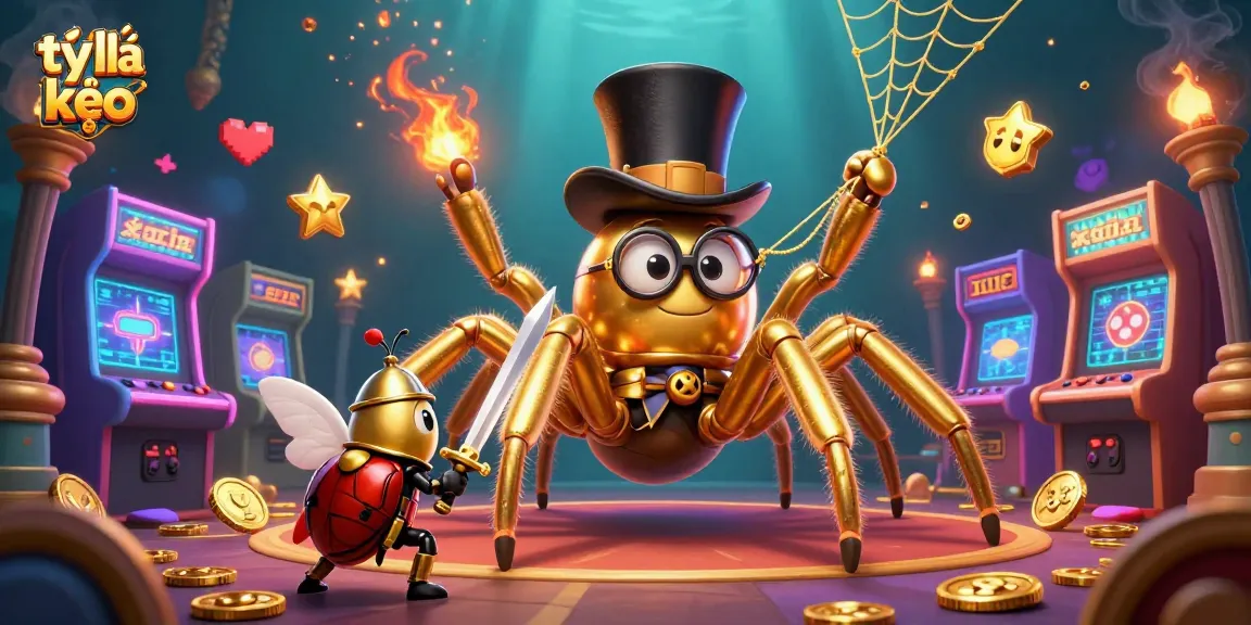 Engage with tỷ lệ kèo while witnessing a vibrant 3D casino scene full of animated characters and gaming elements.