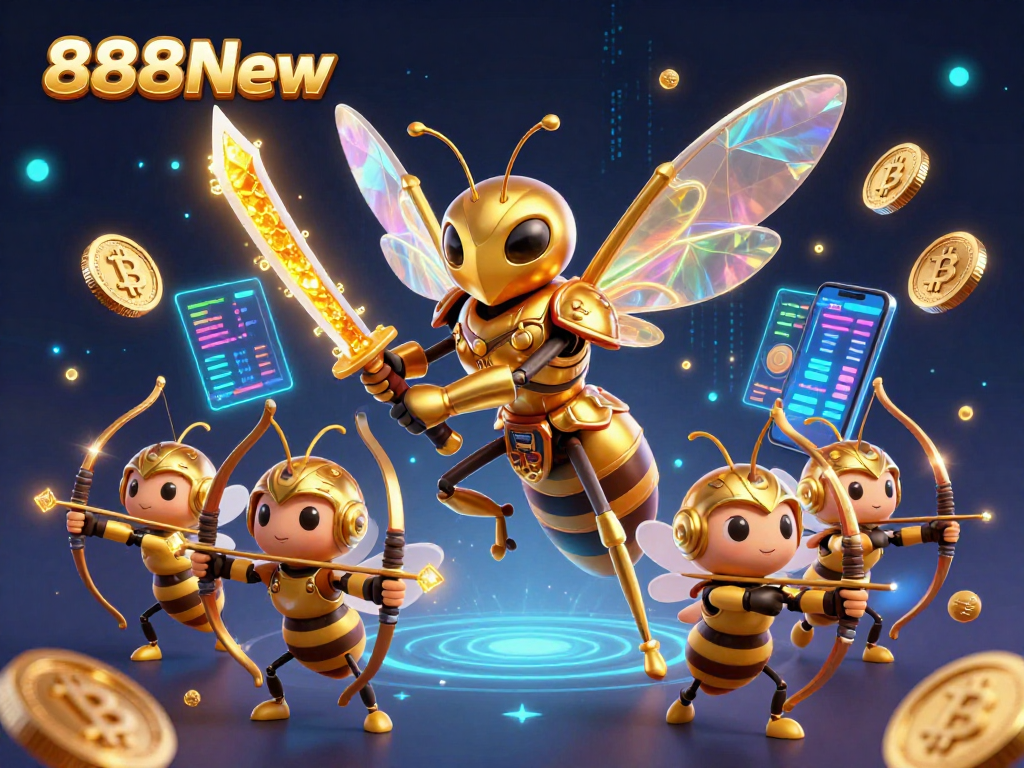 Engage in thrilling online gaming at 888New with a majestic golden hornet samurai leading dynamic crypto-themed action.