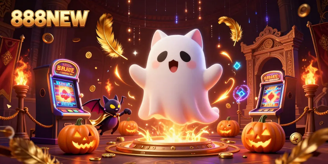 Engage with thrilling games at 888NEW while encountering a friendly ghost cat and haunted casino scene.