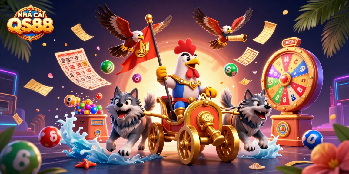 Experience excitement with NHÀ CÁI QS88 in this vibrant, dynamic gambling scene featuring thrilling lottery and gaming elements.