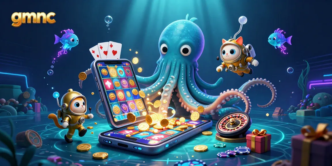 Spin slots with gmnc's kraken and cat in a treasure-filled underwater scene.