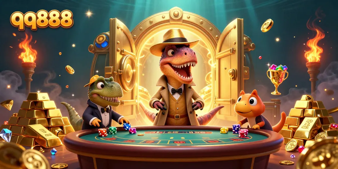 Experience exhilarating gameplay at qq888 with a sneaky velociraptor gaming at a blackjack table.