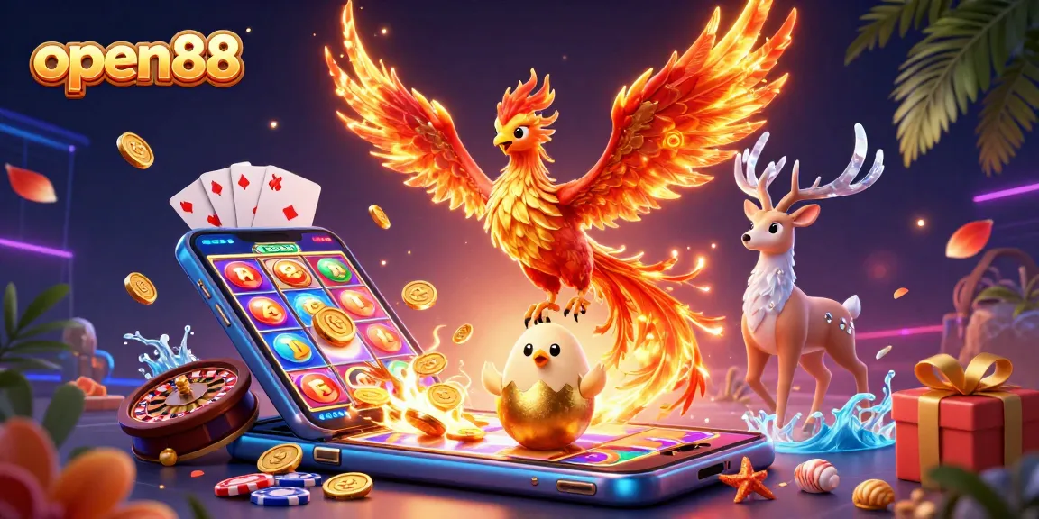 Experience the thrill of open88 with a dynamic scene featuring a phoenix, golden slot game, and casino elements.