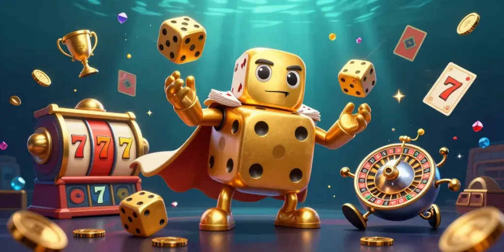 Engage with exciting online casinos showcasing golden dice golem and vibrant casino elements.