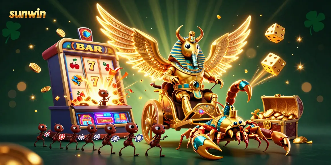 Engage with sunwin's vibrant 3D scene featuring a golden scarab beetle and dynamic casino elements.