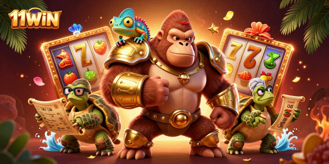 Engage with 11WIN in this vibrant casino scene featuring a powerful gorilla king and dynamic slot elements.