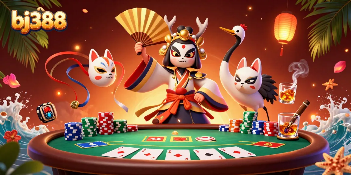 Win big at bj388's immersive online poker table with vibrant characters and game elements surrounded by dynamic action.
