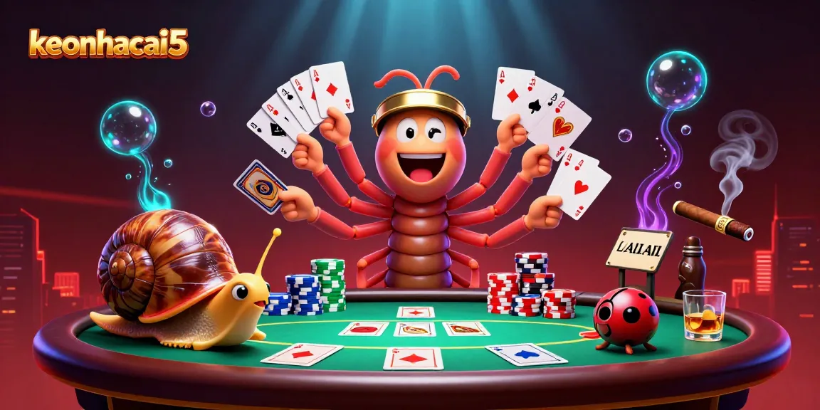 Engage in thrilling bets at keonhacai5 with a lively casino scene featuring a cartoon millipede dealer.