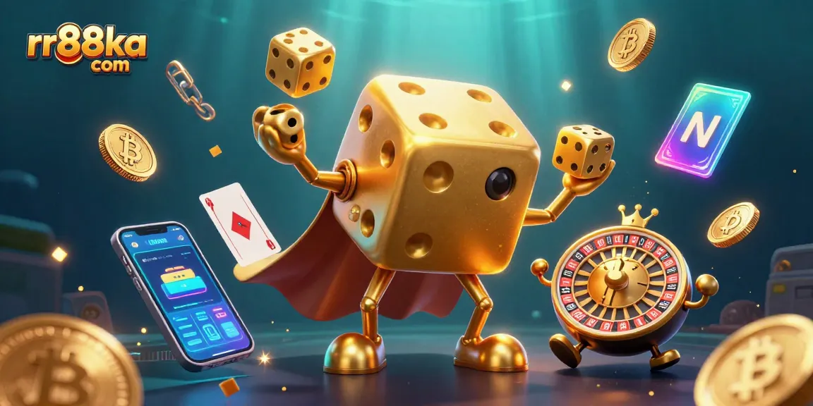 Play exciting casino games at rr88ka com into a vibrant 3D rendering with golden dice, coins, and dynamic elements.