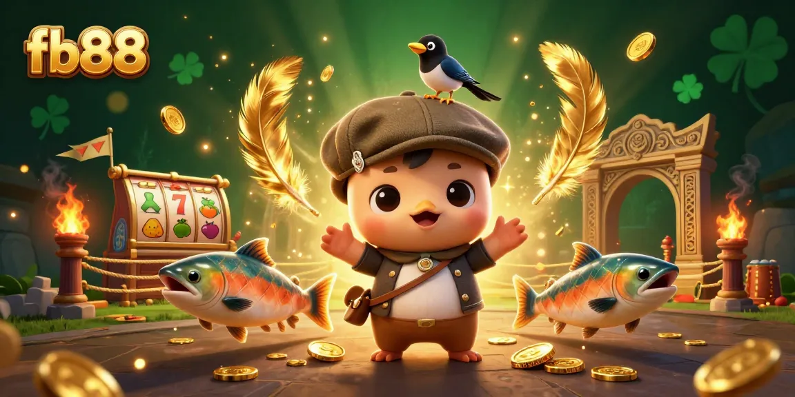 Experience thrilling slots at fb88 with a vibrant scene of Nessie, a magpie, and lively elements.