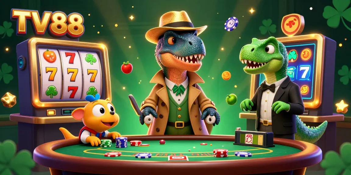 TV88 captivates players with a vibrant illustration of a velociraptor hustling at a blackjack table with casino elements.