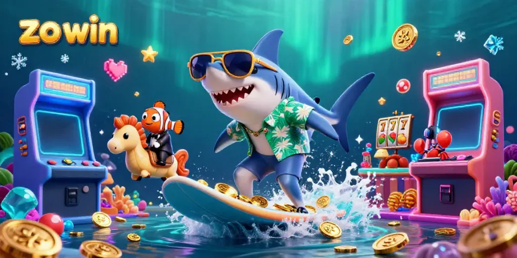 Engage in the vibrant world of zo win with a shark surfing on golden coins amidst colorful casino elements.