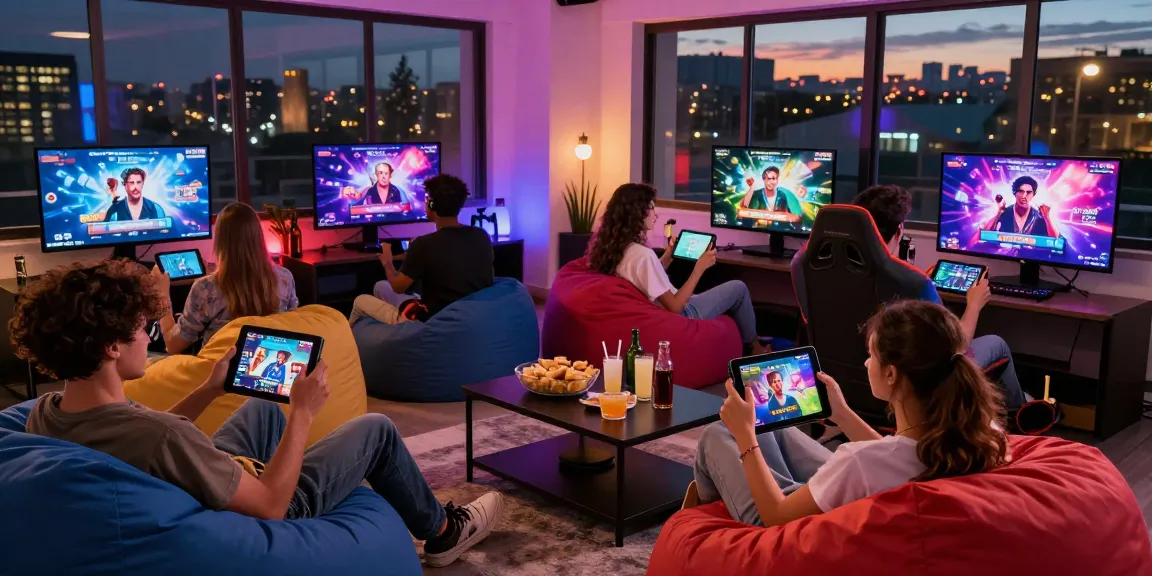 Engaging digital lounge with friends playing porno games together in a vibrant setting.